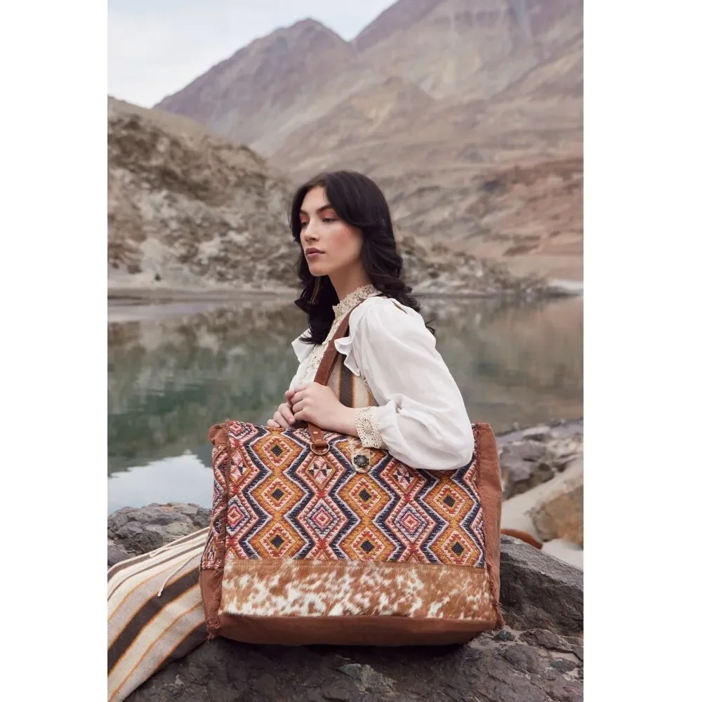 Myra Bag Handmade Geometric Weekender Bag Upcycled Canvas & Cowhide Leather